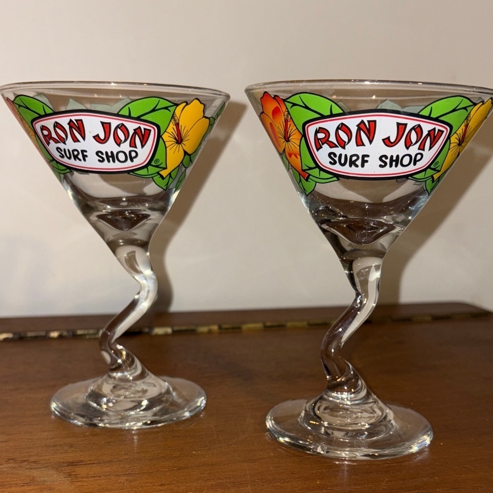 Y2K Era Ron Jon Surf Shop Retro Bent Stem Martini Glass 2 Matching Hibiscus Cute